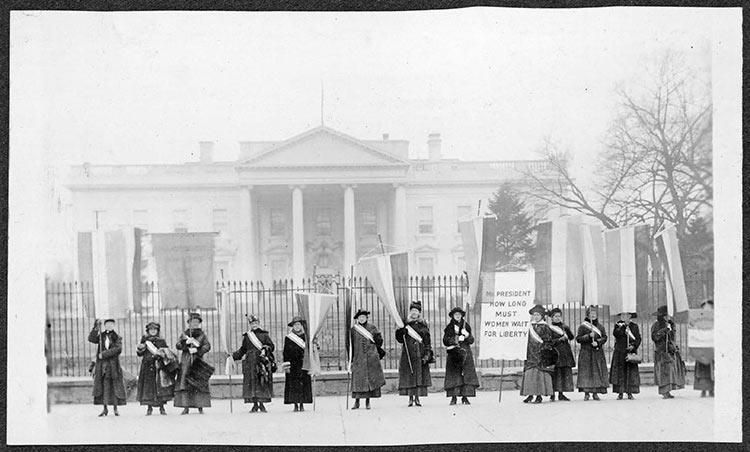 Demonstrations supporting women’s suffrage took place in 1917 in front of the White House.