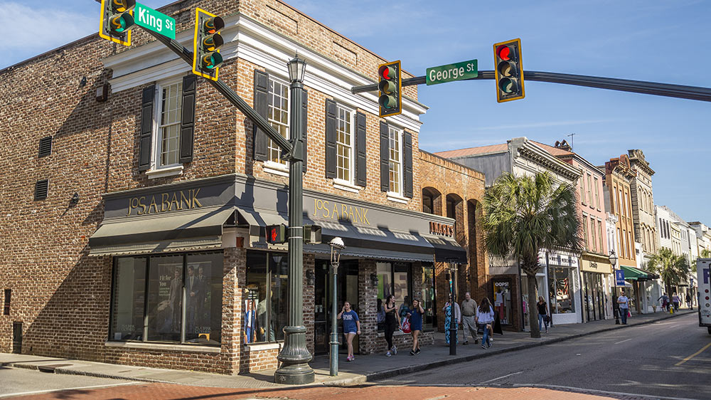The corner of King Street and George Street in Charleston, South Carolina