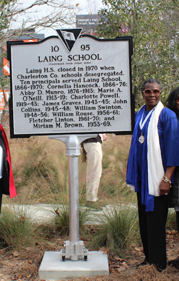 Pearl Ascue at the Laing High School historical marker in Mount Pleasant, SC.